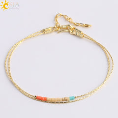 CSJA Pulseras Miyuki Bracelets for Women 2-layer Cute Mini Delica Beads Bracelet Jewelry Adjustable Gold Color Link Chain S187