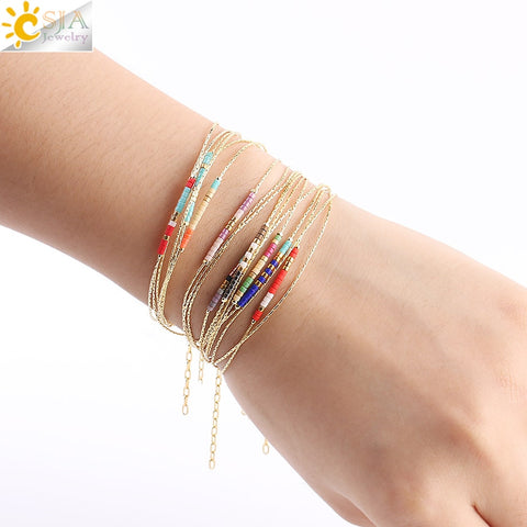CSJA Pulseras Miyuki Bracelets for Women 2-layer Cute Mini Delica Beads Bracelet Jewelry Adjustable Gold Color Link Chain S187