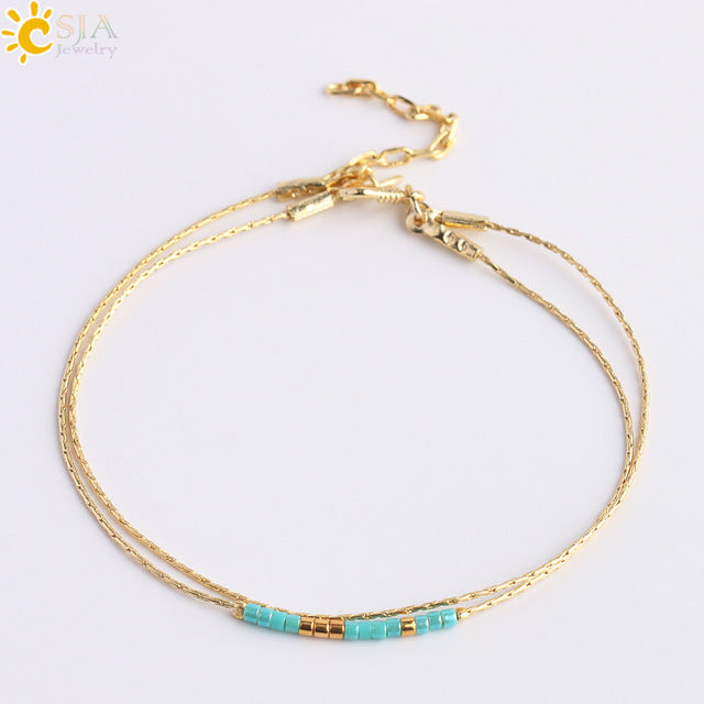 CSJA Pulseras Miyuki Bracelets for Women 2-layer Cute Mini Delica Beads Bracelet Jewelry Adjustable Gold Color Link Chain S187