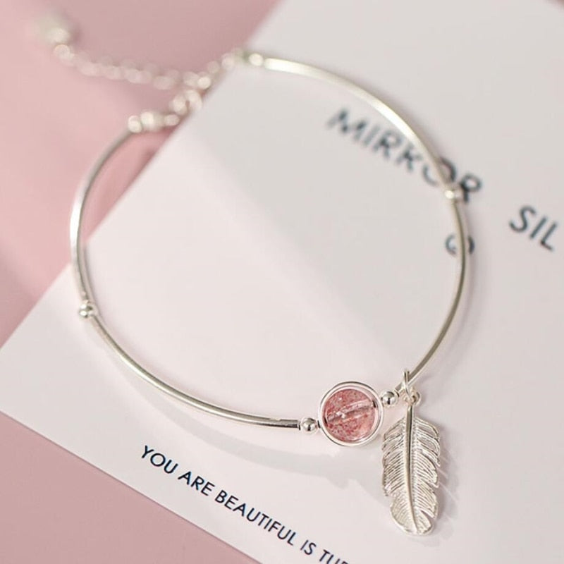 Literary Feather Strawberry Crystal 925 Sterling Silver Temperament Creative Female Sweet Trendy Resizable Bracelets SBR061
